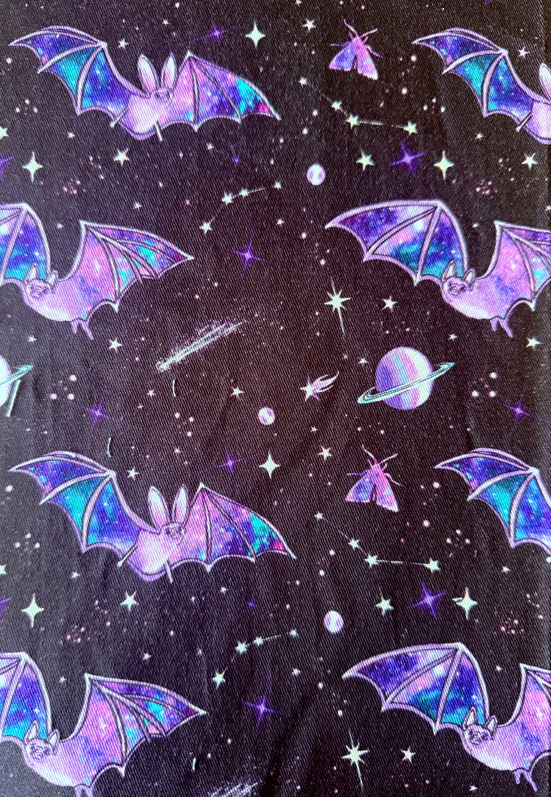 Cosmic Bats Stretch Cotton Fabric Remnants.