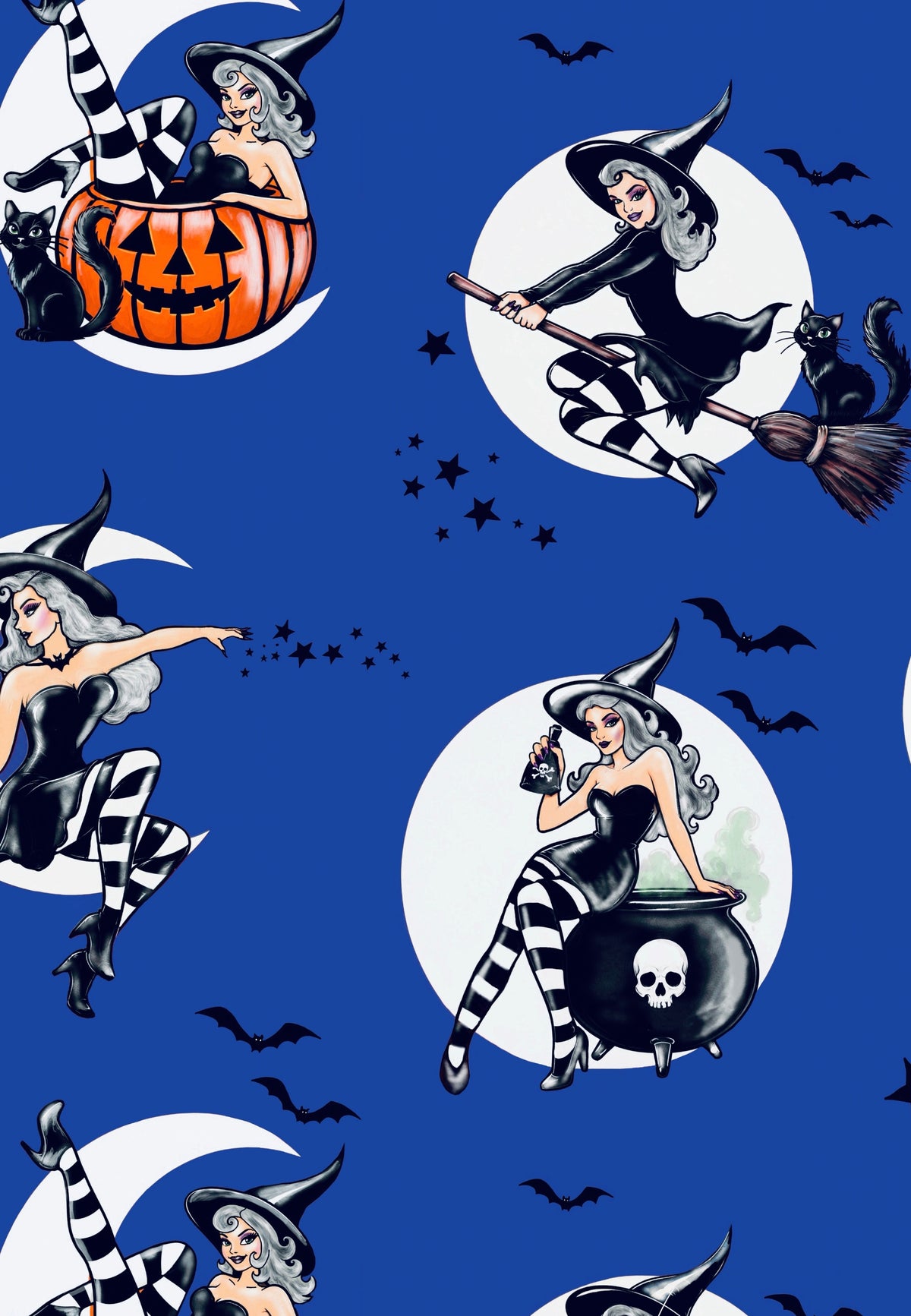 A repeating retro spooky themed pattern on fabric featuring retro pin-up style witches in black and white stripey tights, sitting on pumpkins and broomsticks against white crescent moons and full moons, with black bats on a retro blue background.