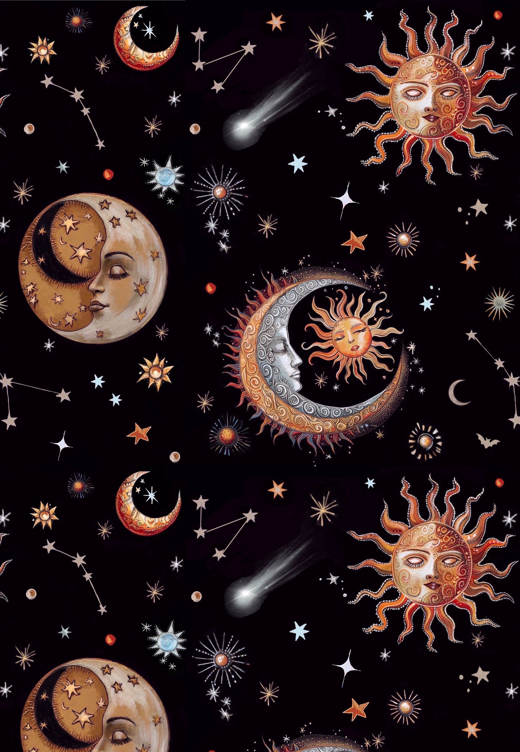 Close up detail of Jambats Night Thinkers and Day Dreamers fabric. Midnight black background with heavenly bronze and silver print of blushing suns and snoozing moons. Stars, constellations and planets. Beautiful celestial print. 