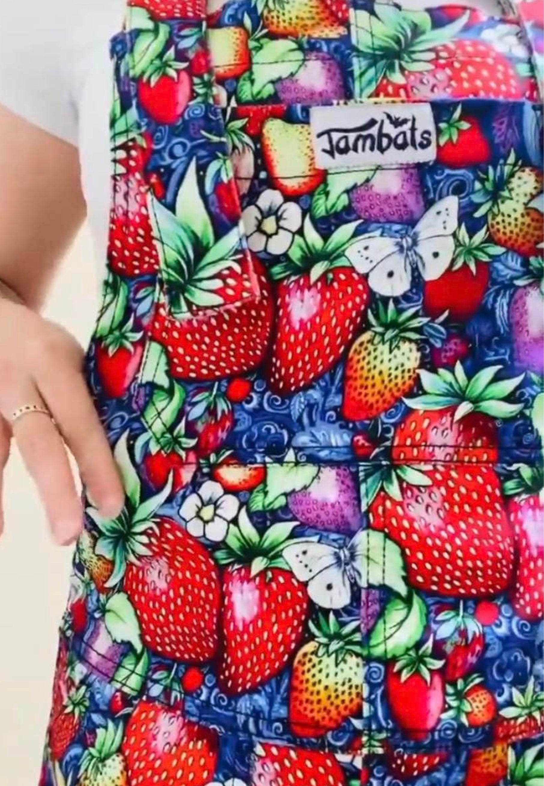 Close up of Jambats Strawberry Fields Dungarees 