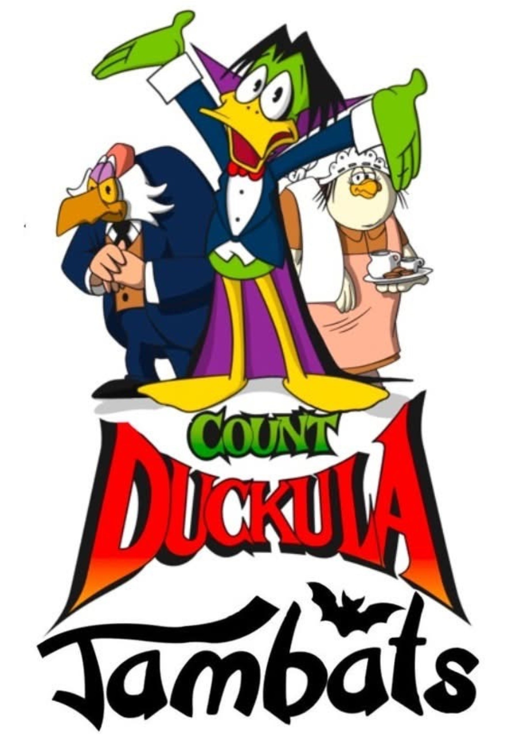 Cartoon characters with 'Count Duckula x Jambats' text on a white background