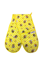 Yellow oven gloves with bee and honeycomb pattern on a white background