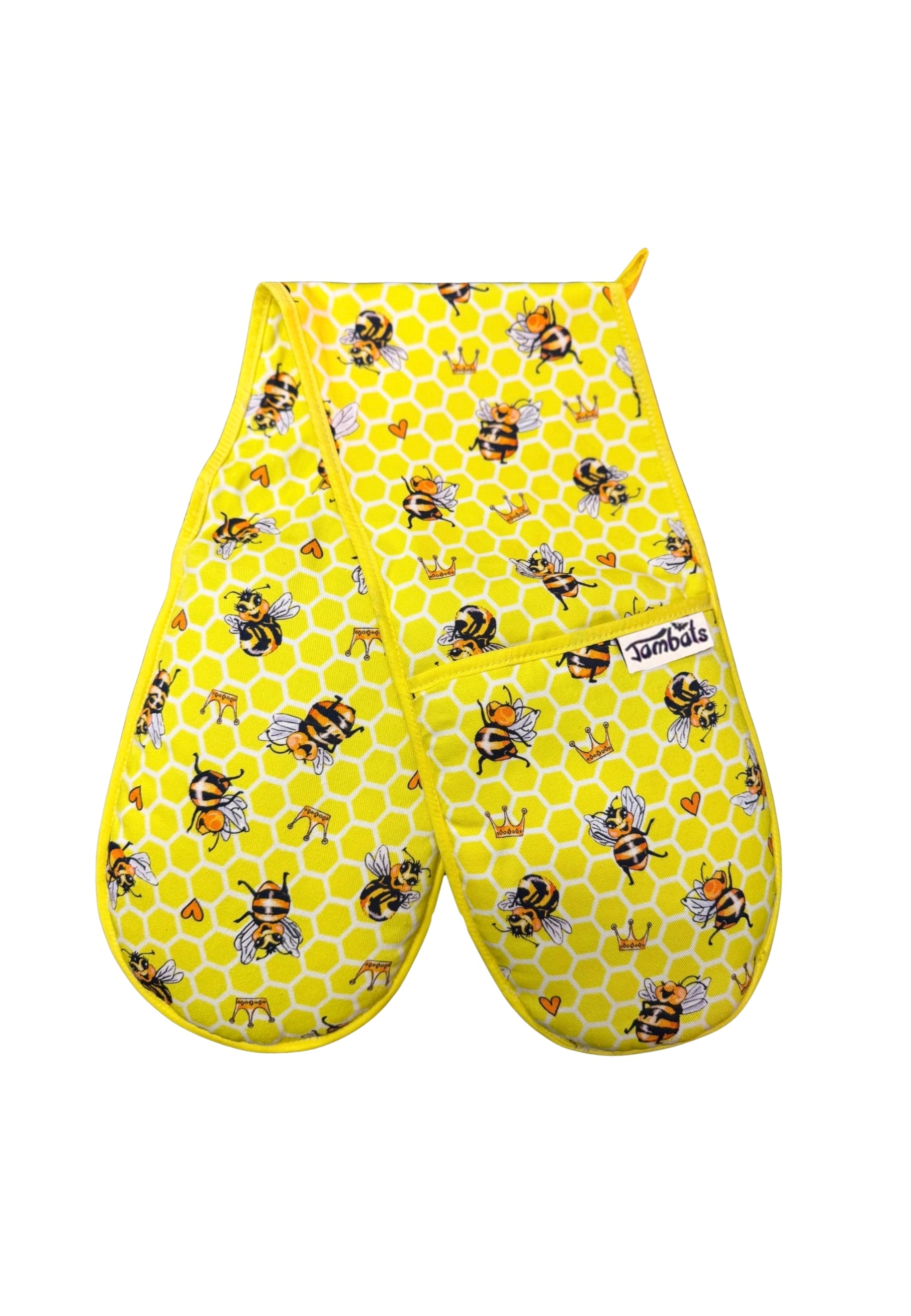 Yellow oven gloves with bee and honeycomb pattern on a white background