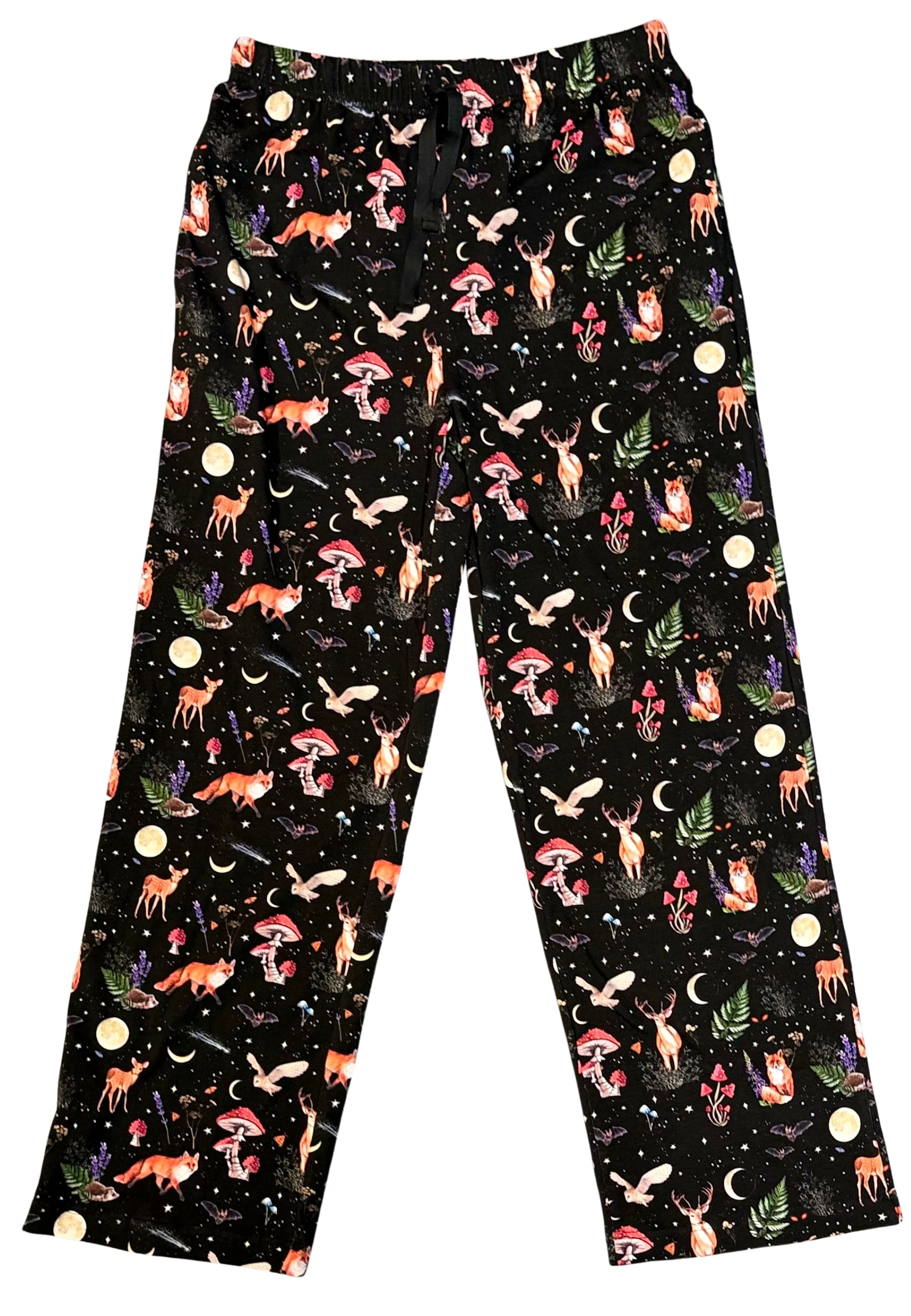 Lounge pyjama pants. Black with a night forest print. Cottagecore style. 