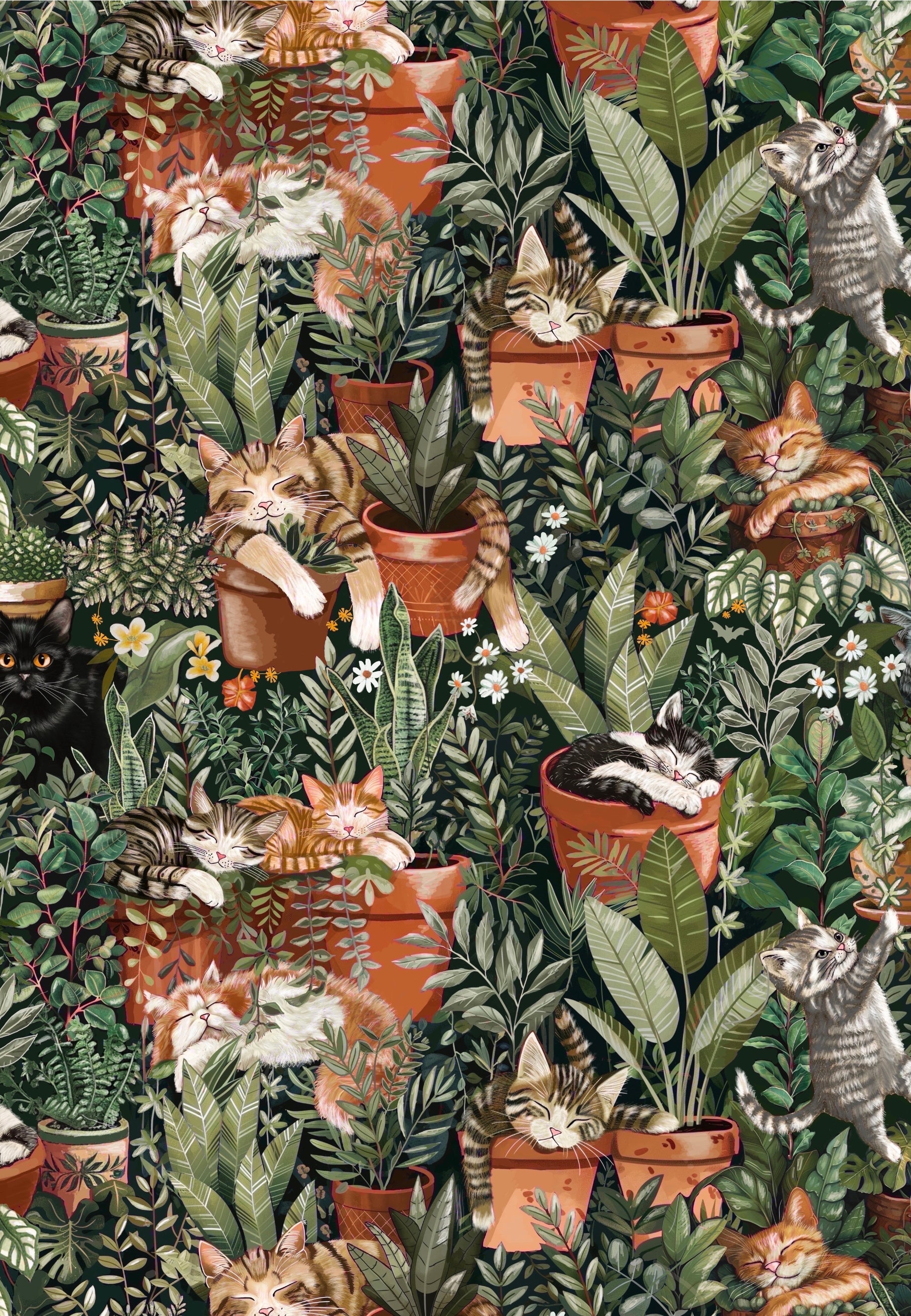 Beautiful fabric print of sleeping cats amongst plants. Jambats stretch cotton fabric. 