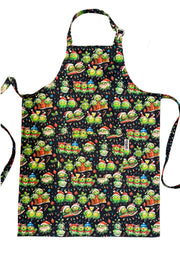 Black apron with vibrant printing Festive Christmas sprouts. Ethically made. One size 