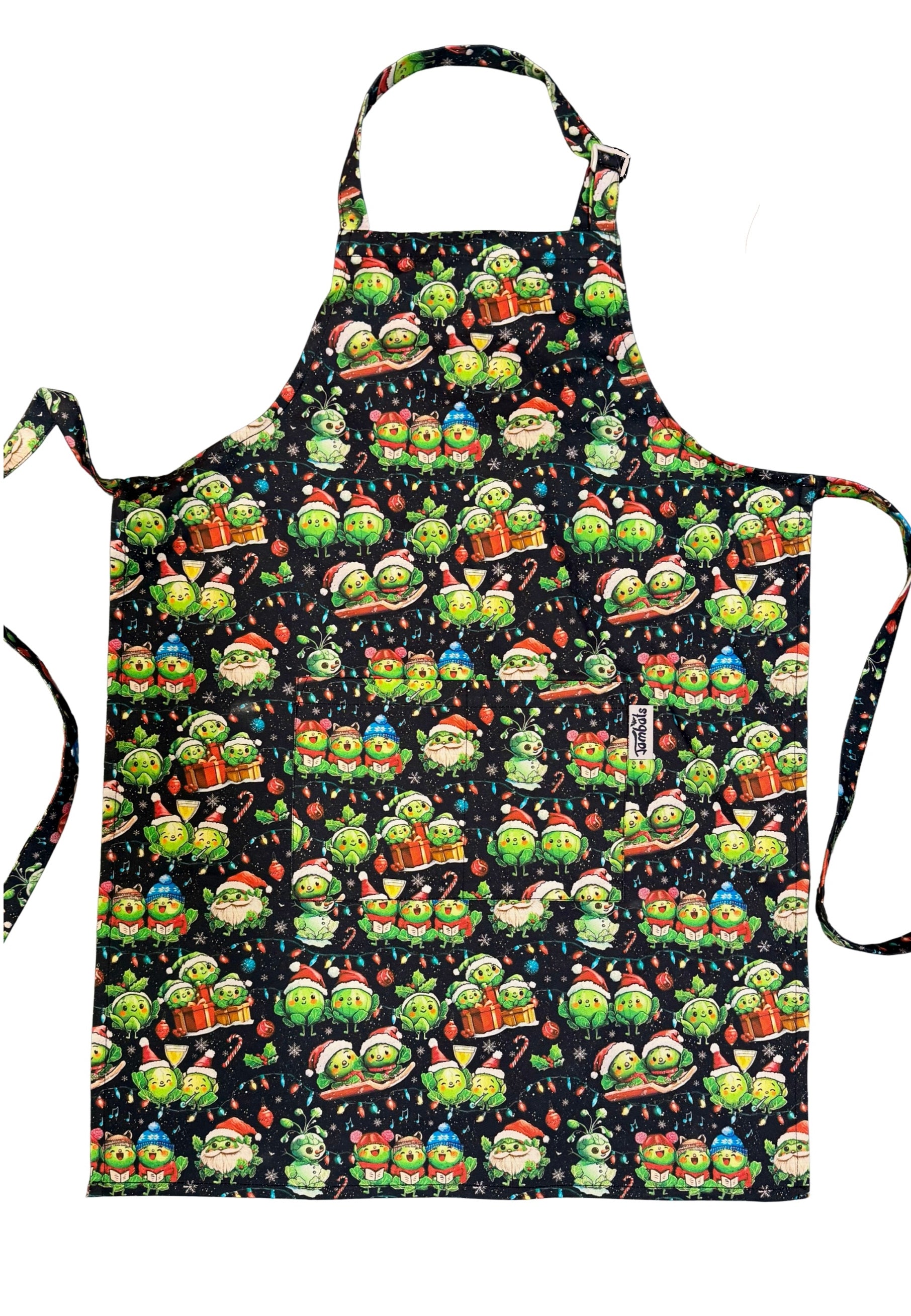 Black apron with vibrant printing Festive Christmas sprouts. Ethically made. One size 