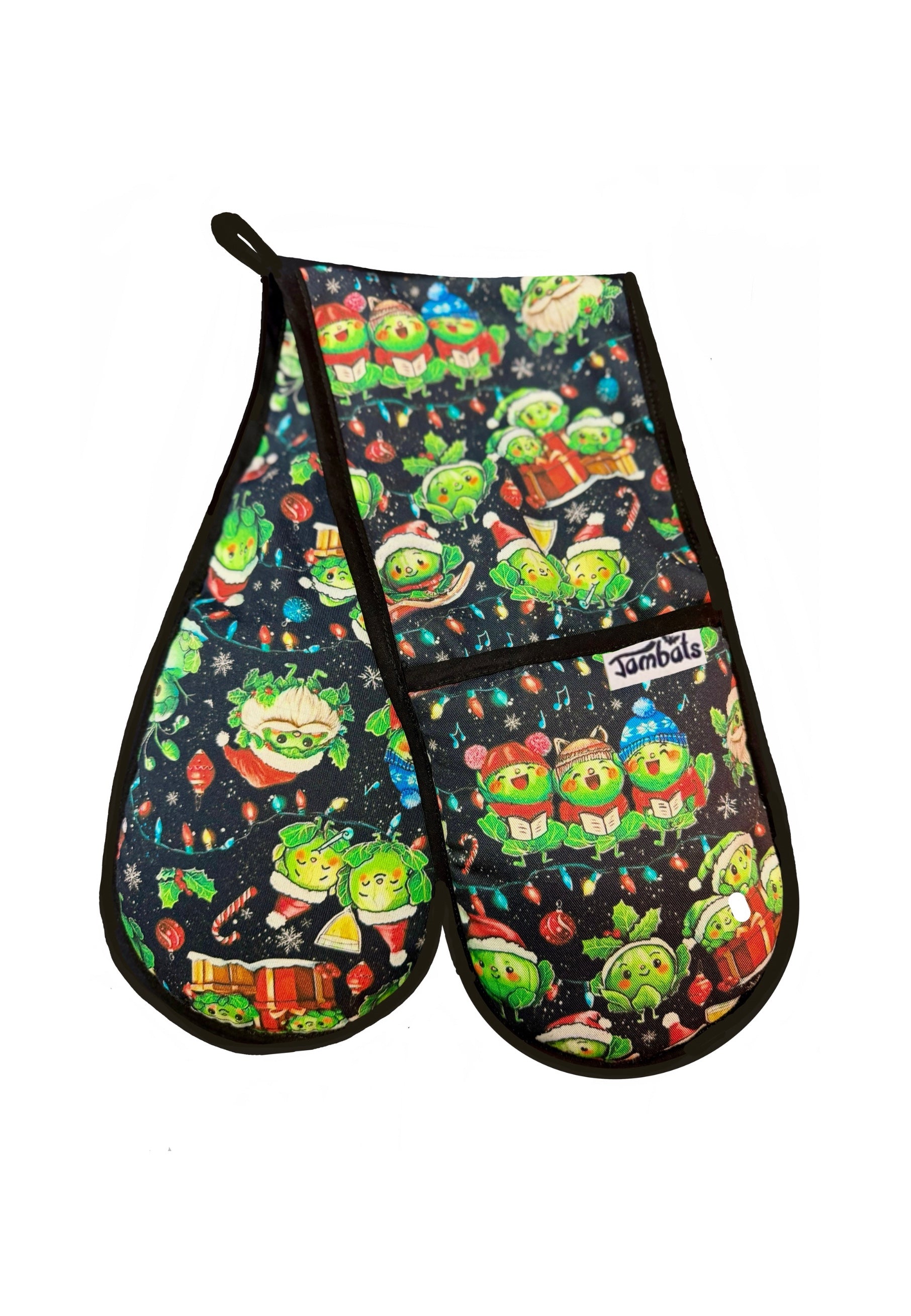 Black oven gloves with right print of Christmas sprouts. 