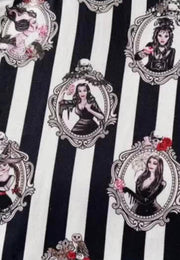 Patterned fabric with black and white stripes and gothic style illustrations of the iconic women ghouls. 