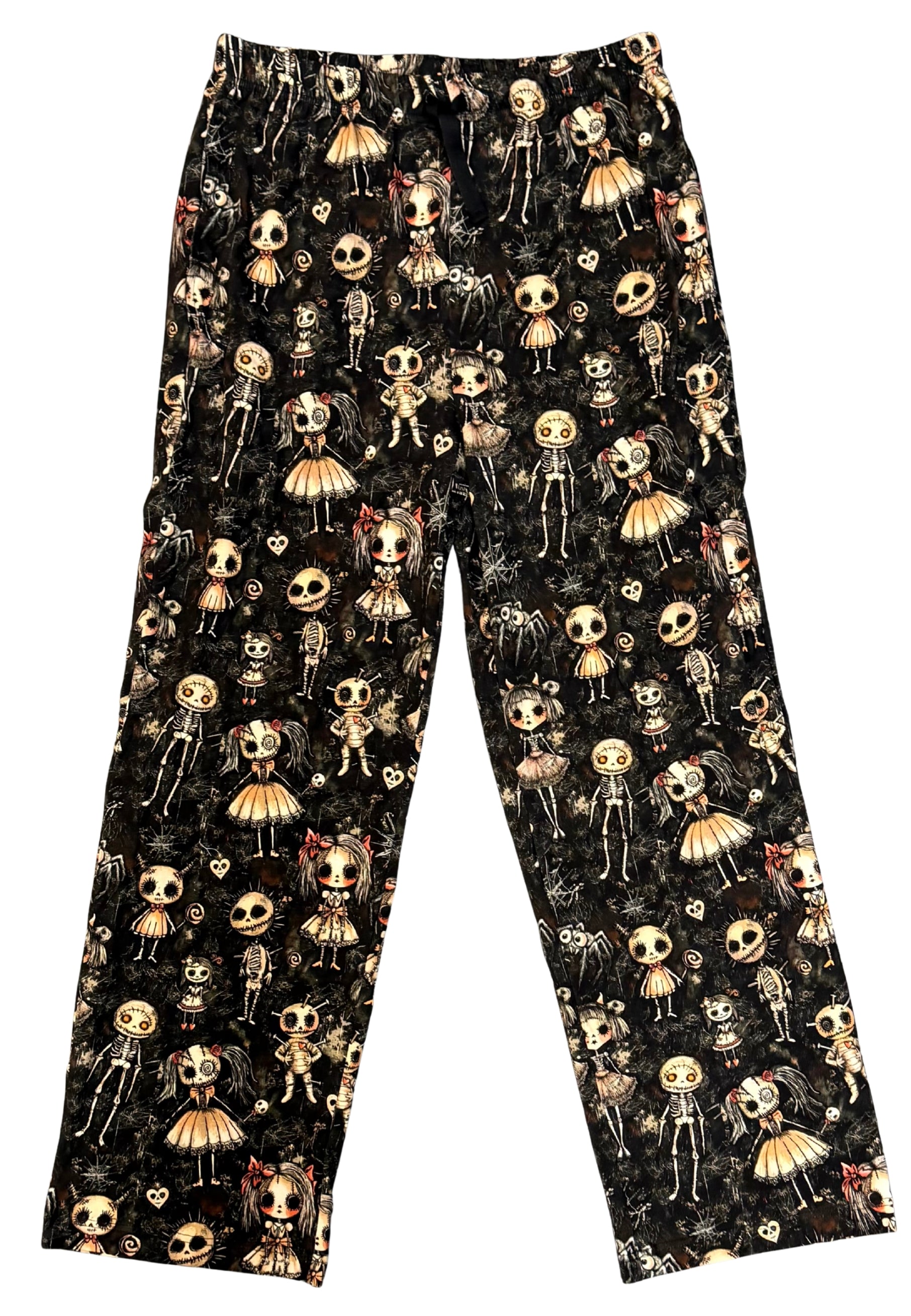 Lounge pants with a creepy gothic print of haunted dolls.