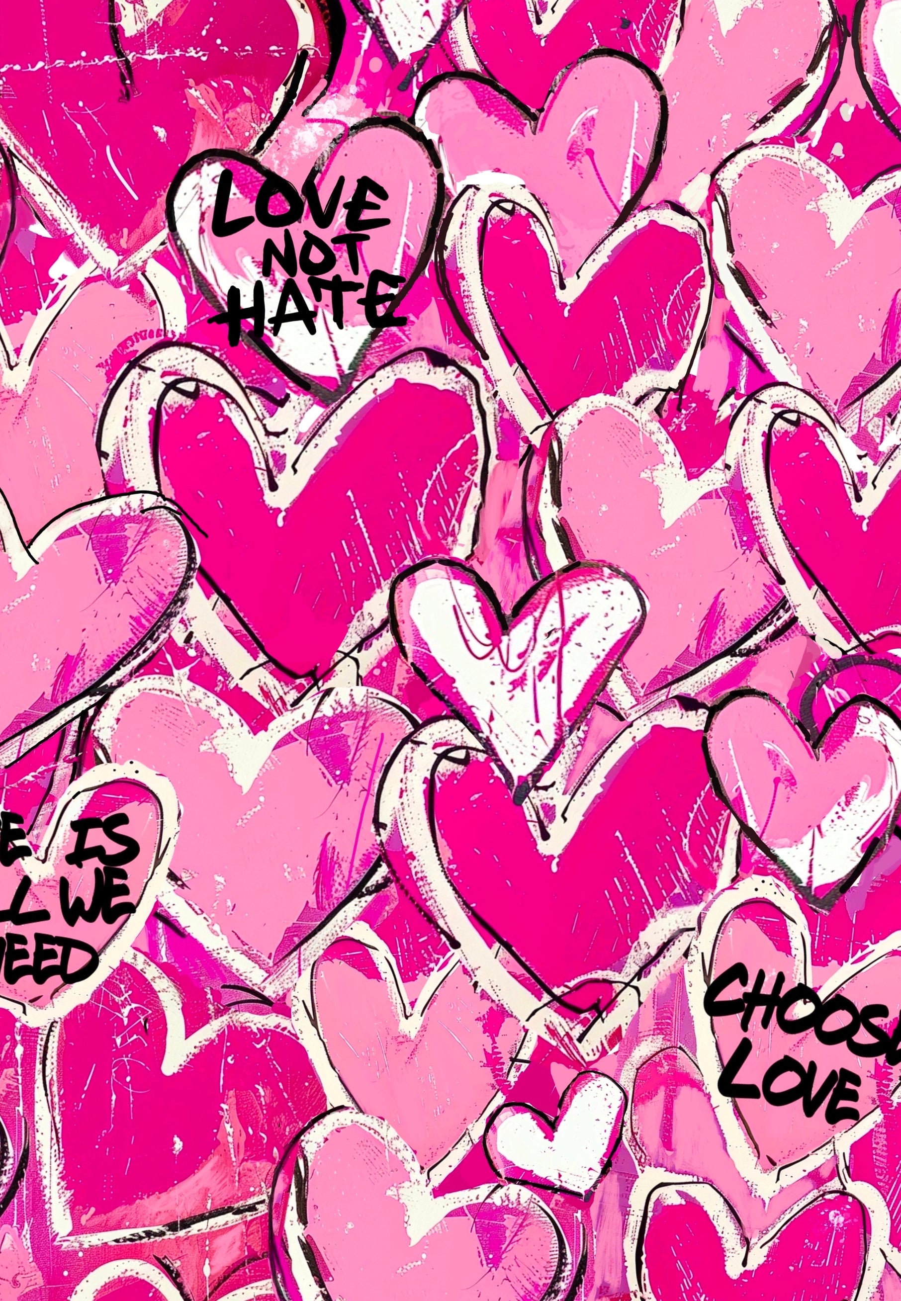 Close up of Jambats Let There Be Love print. Fabric print of pink and white scribble graffiti hearts with love slogans written on them. 