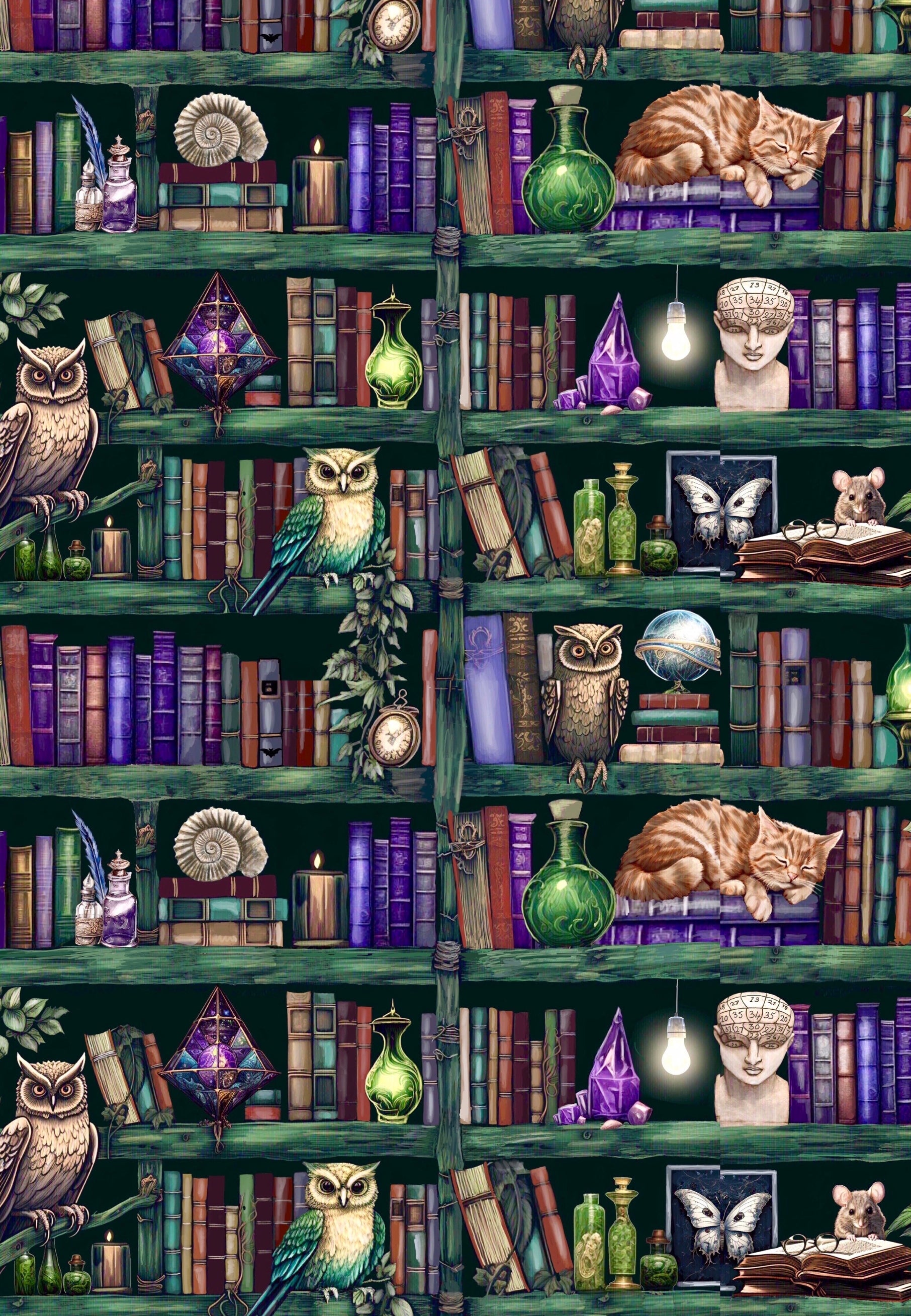 Fabric print detail for Jambats Bookcase Print. Beautiful illustrated dark academia bookcase with sleeping cat, reading mouse, books, plants, crystals and wise owls. 