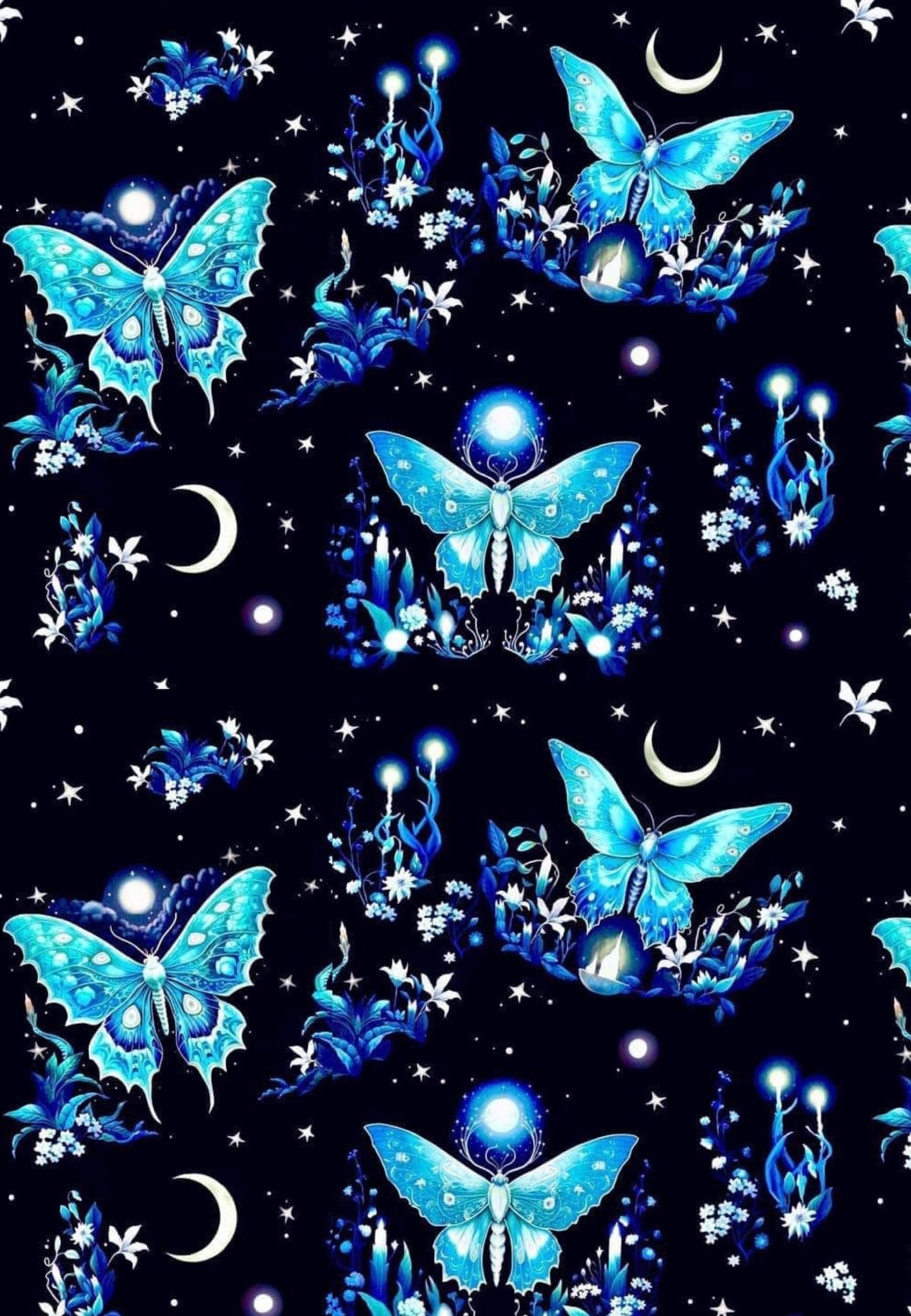 Close up of fabric from a pinafore dress featuring a moon and Luna moth pattern, predominantly dark colour background with vibrant blues and turquoise.