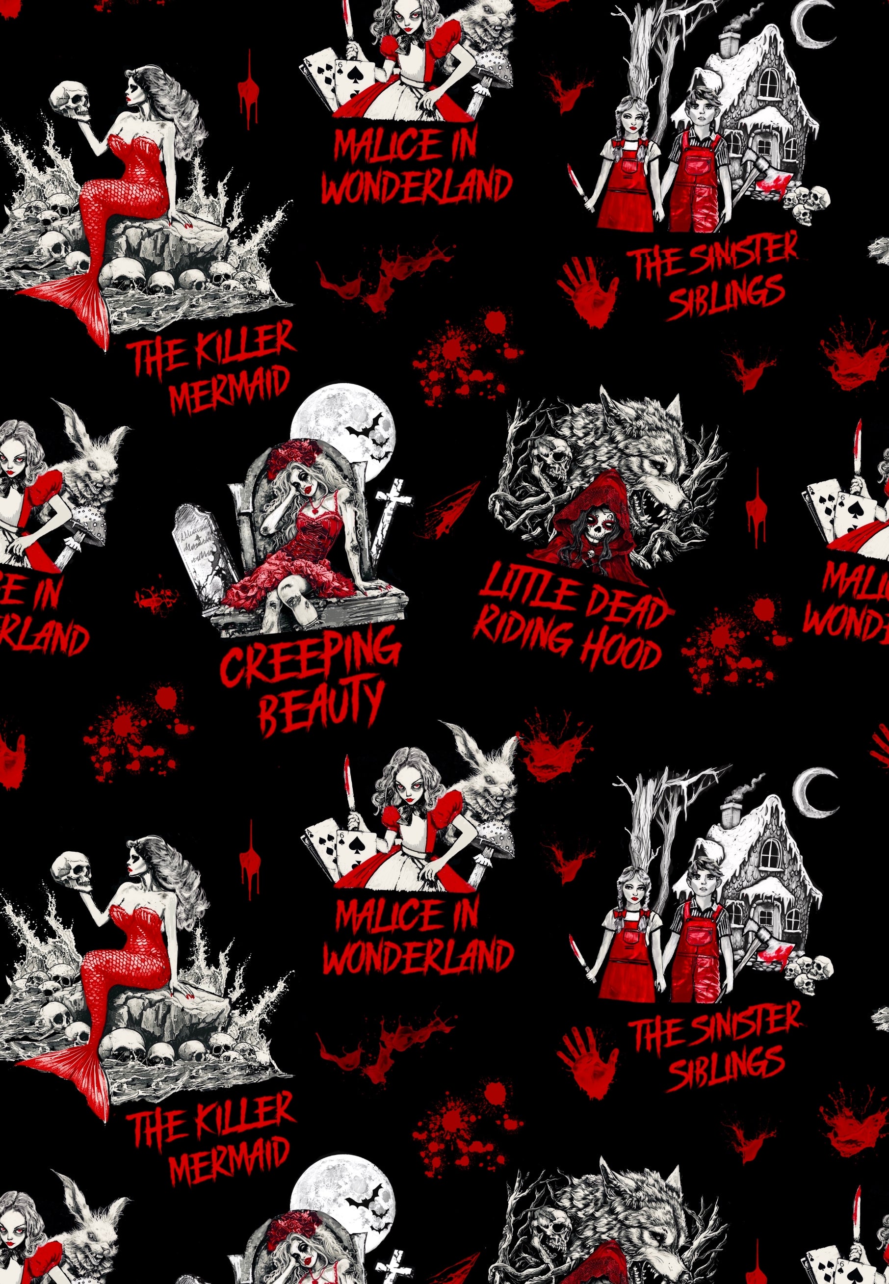 Close up details of Jambats Twisted Tales fabric print. Black background with illustrations of dark fairytales like a zombie creeping beauty, a siren with skulls for The Little Mermaid, Malice in Wonderland. 