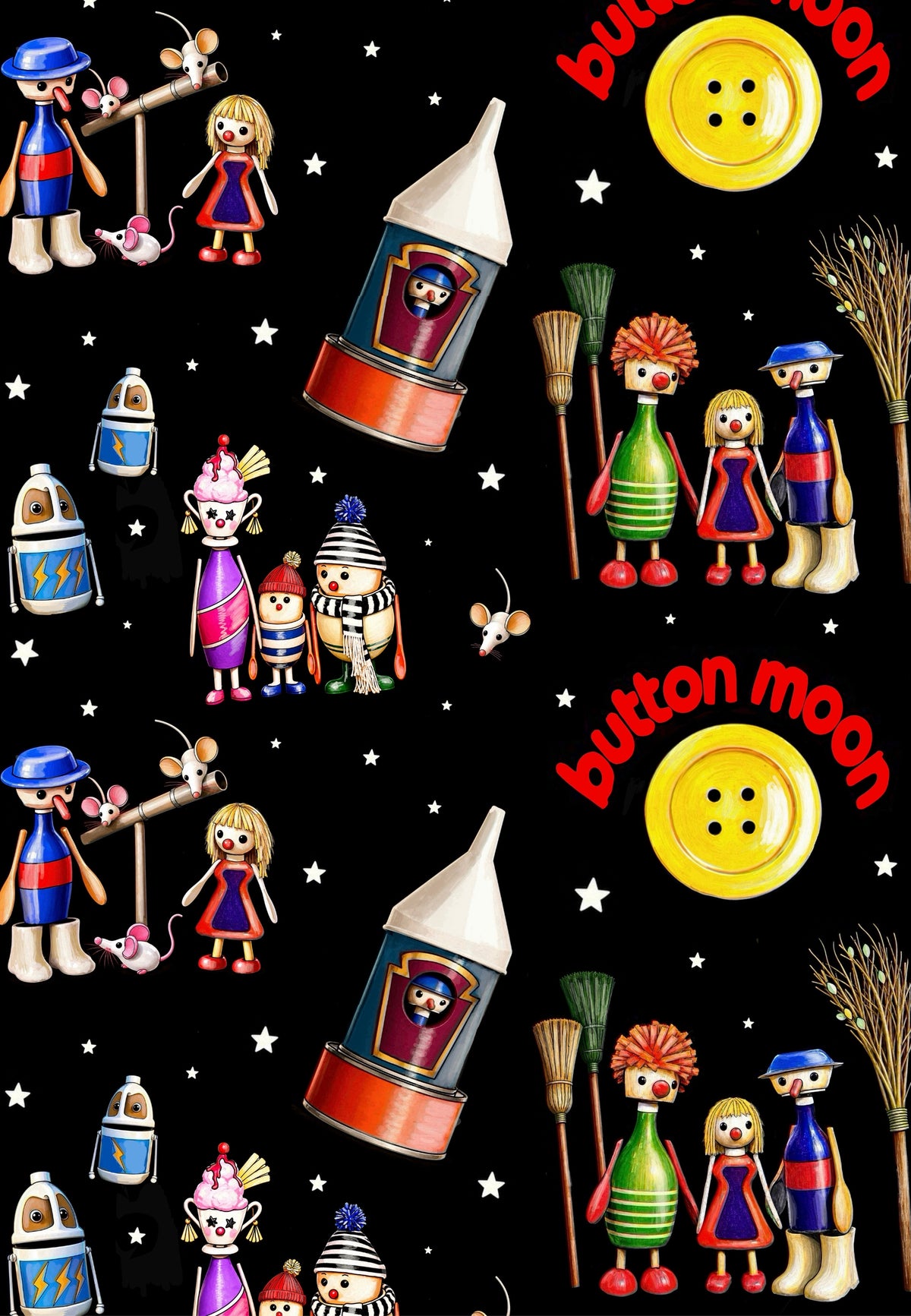 Retro 80s children’s tv nostalgia. Button Moon. Close up of the licensed Button Moon fabric. Black background with all the Button Moon characters and Button Moon logo 