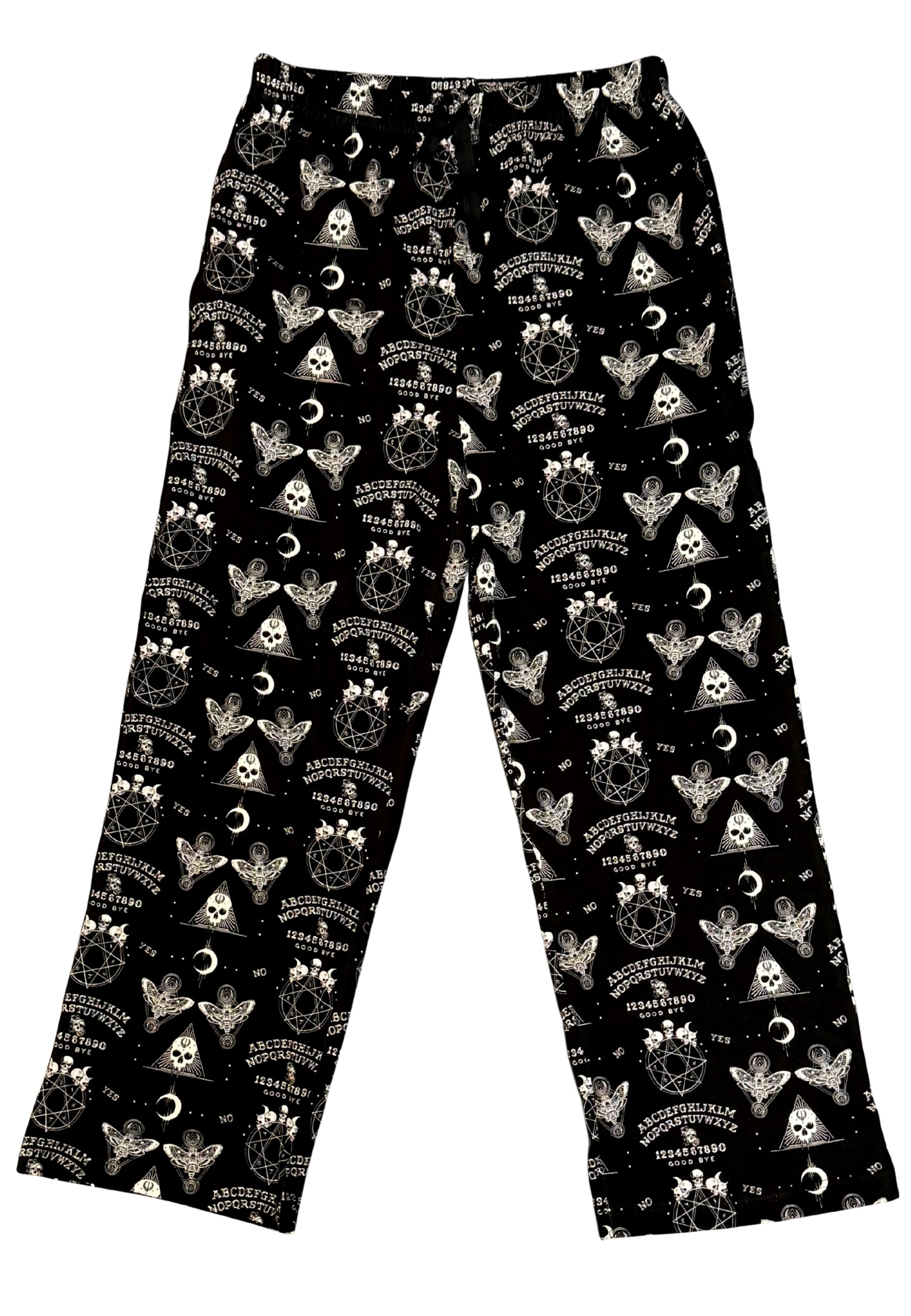 Black lounge pants with a gothic Ouija print 