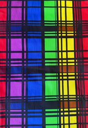 A close-up of a multi coloured rainbow tartan fabric pattern with vertical stripes in red, purple, blue, green, yellow, and orange separated by black intersecting lines.