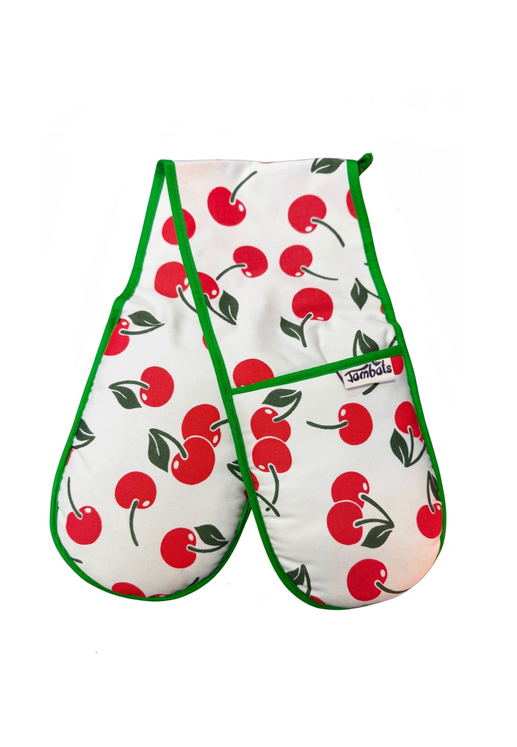 Double Oven Gloves with a retro cherry pattern on a white background