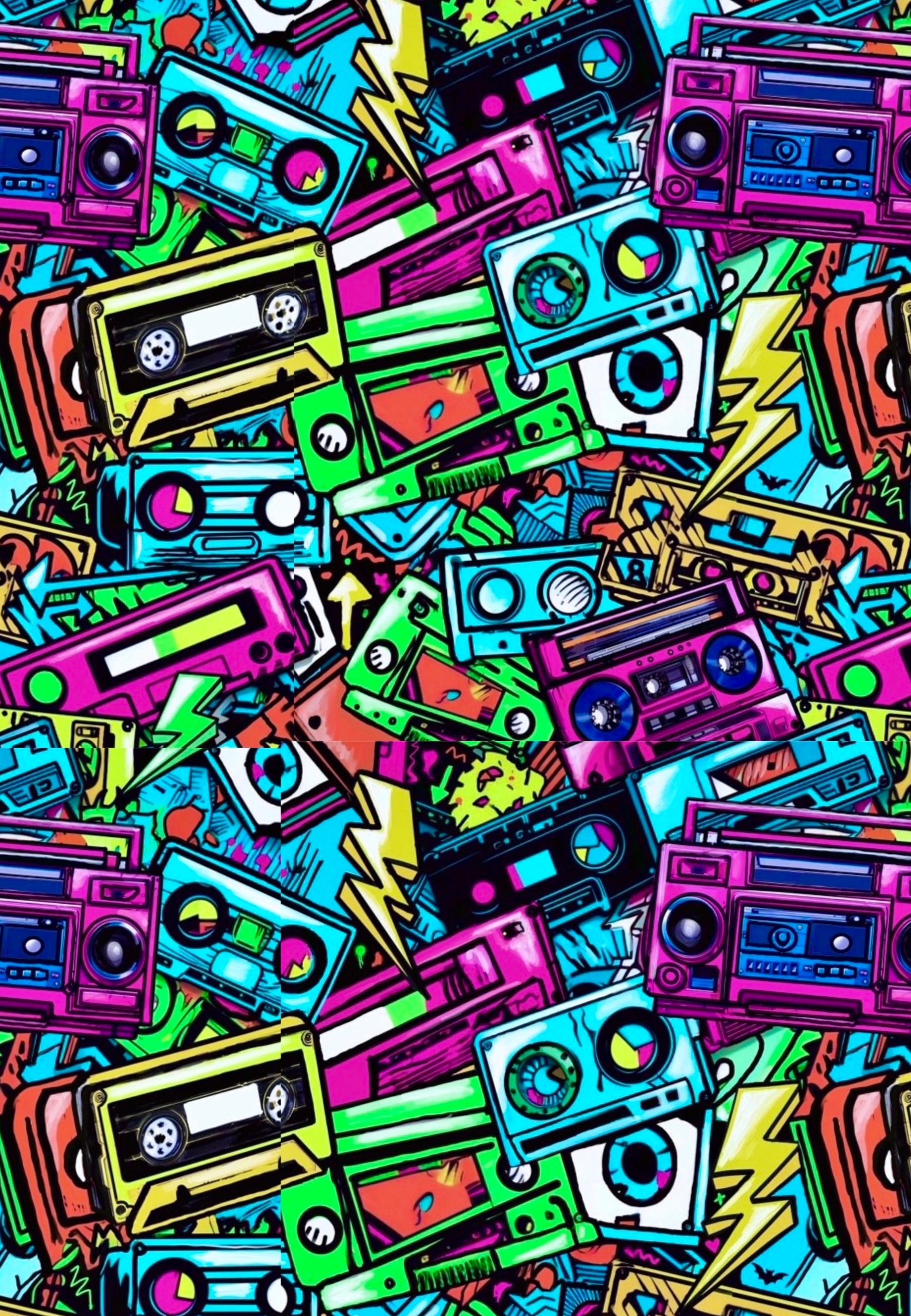 Close up of Jambats Rewind fabric. Graffiti style printing vibrant retro music cassettes. 80s 90s Style. 