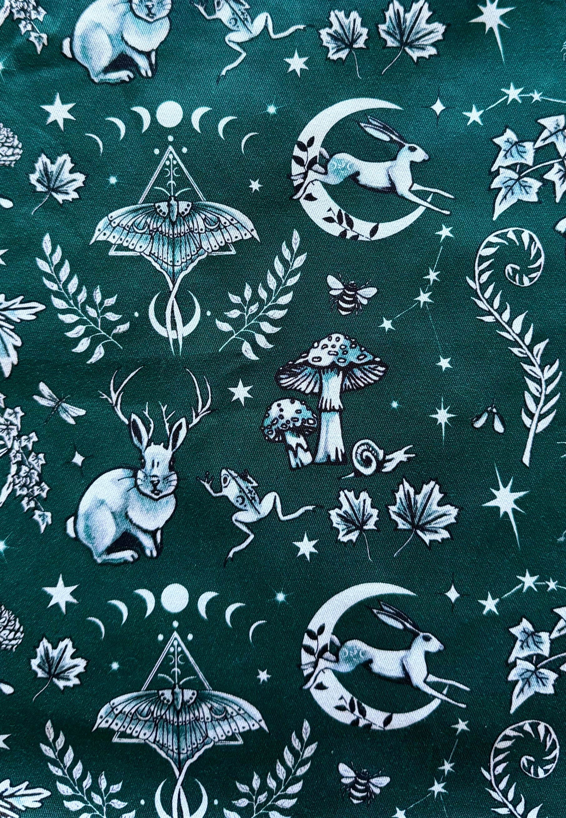 Close up of Jambats Spirit of Magick Fabric. Beautiful witchy print 
