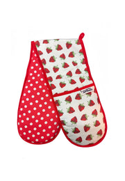 Oven gloves with red polka dots and strawberry pattern on a white background