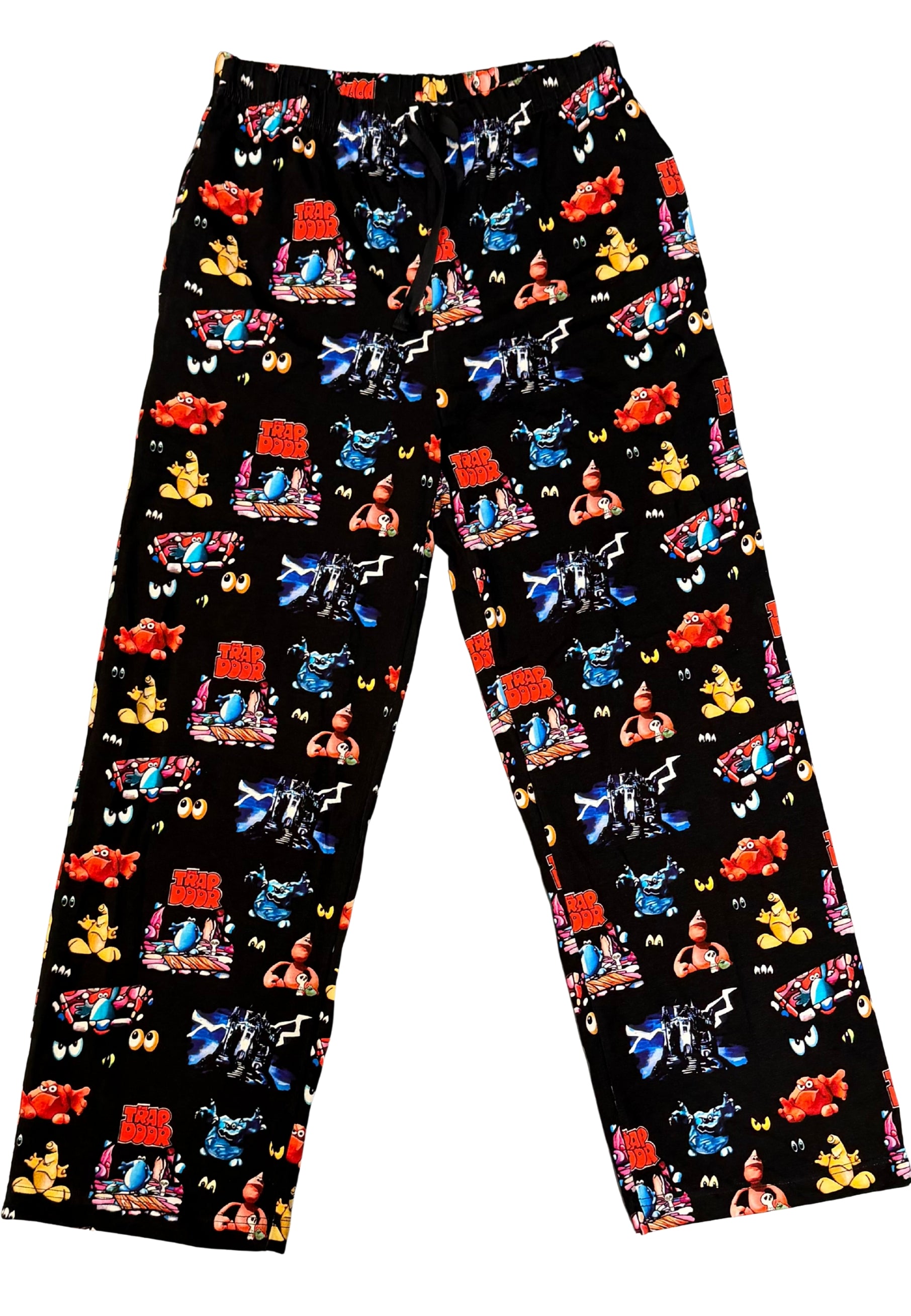Black pyjama lounge pants with colorful Trap Door pattern on a white background