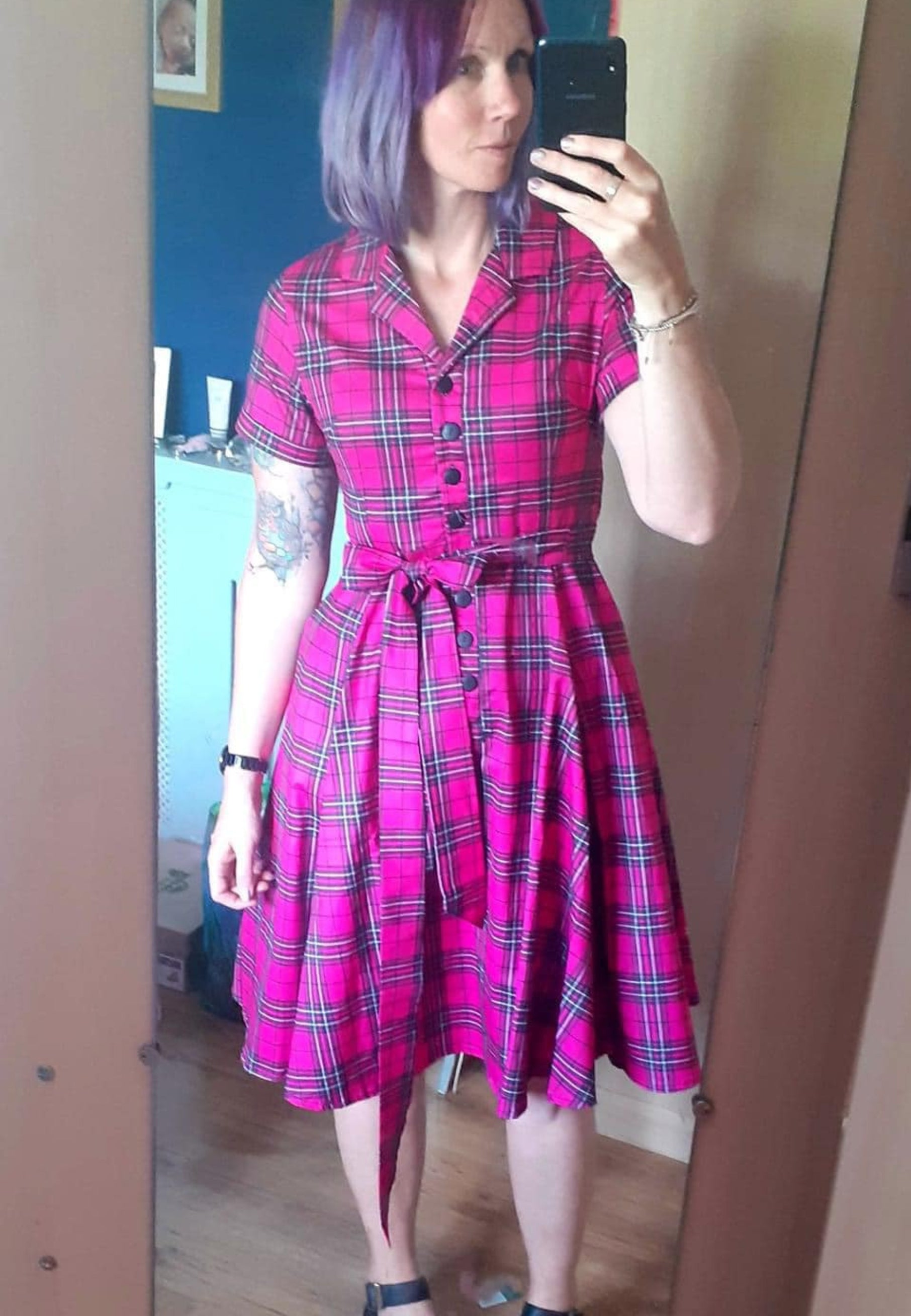 Pink Tartan Retro Shirt Dress