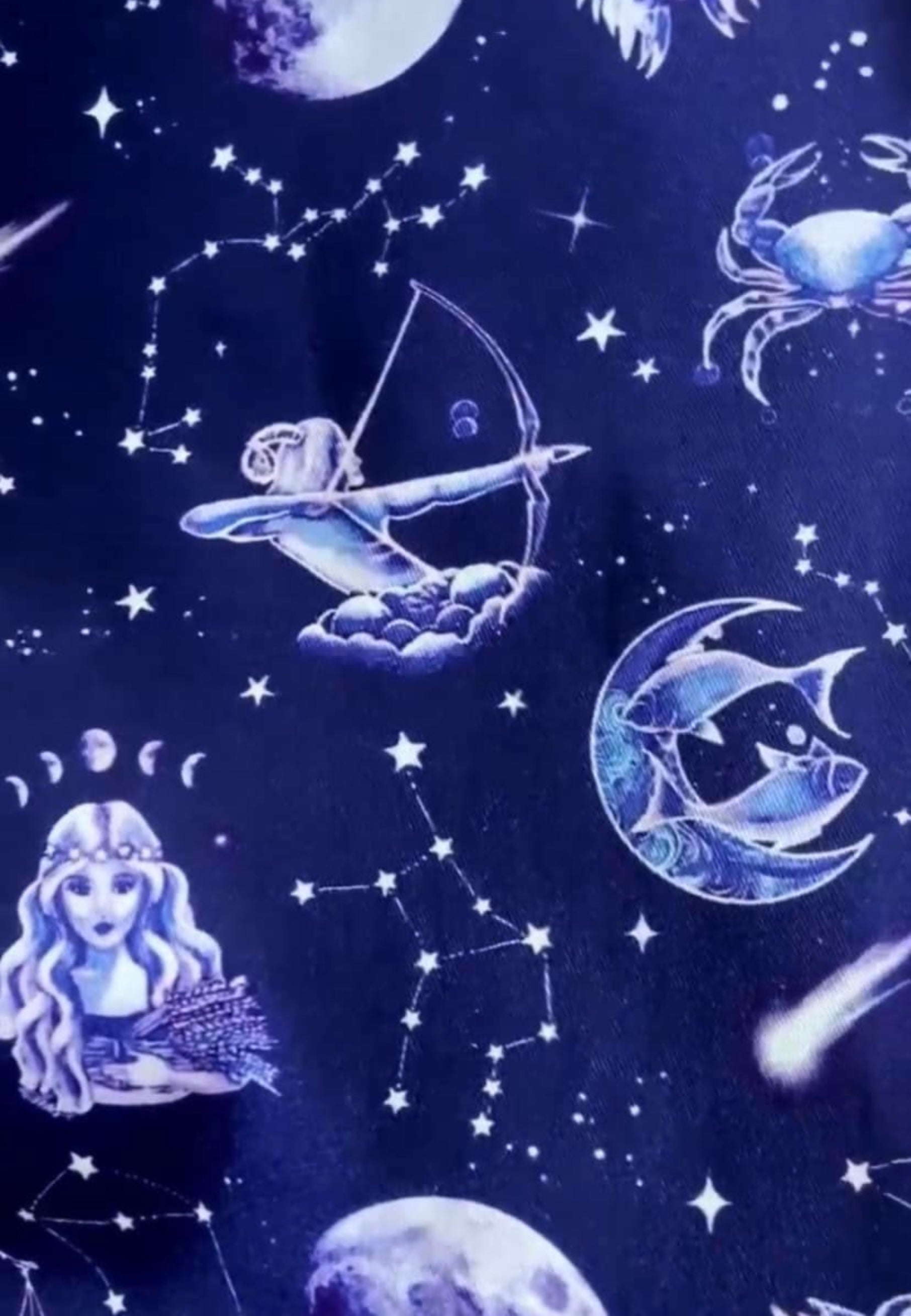 Close up of deep blue print of zodiac illustrations. Whimsical celestial 
