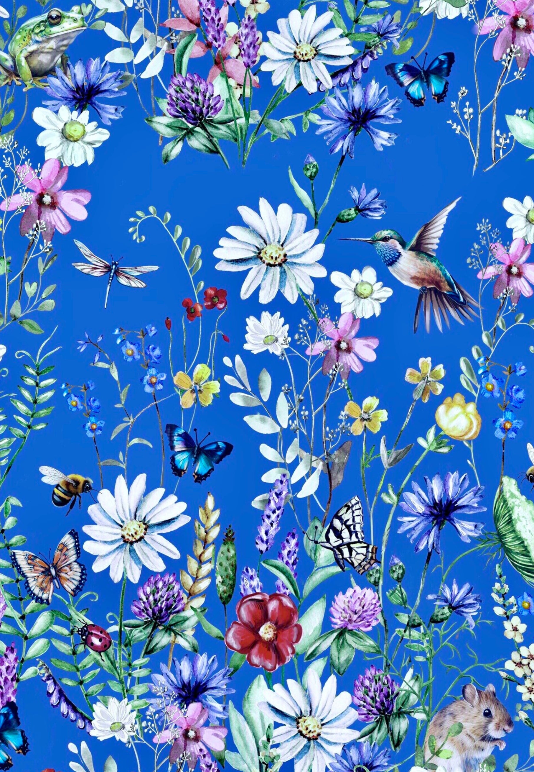 Close up of the fabric for Jambats Wild Meadows print. Beautiful deep cornflower blue with illustrations of wild meadow flowers and insects, frogs, mice. 