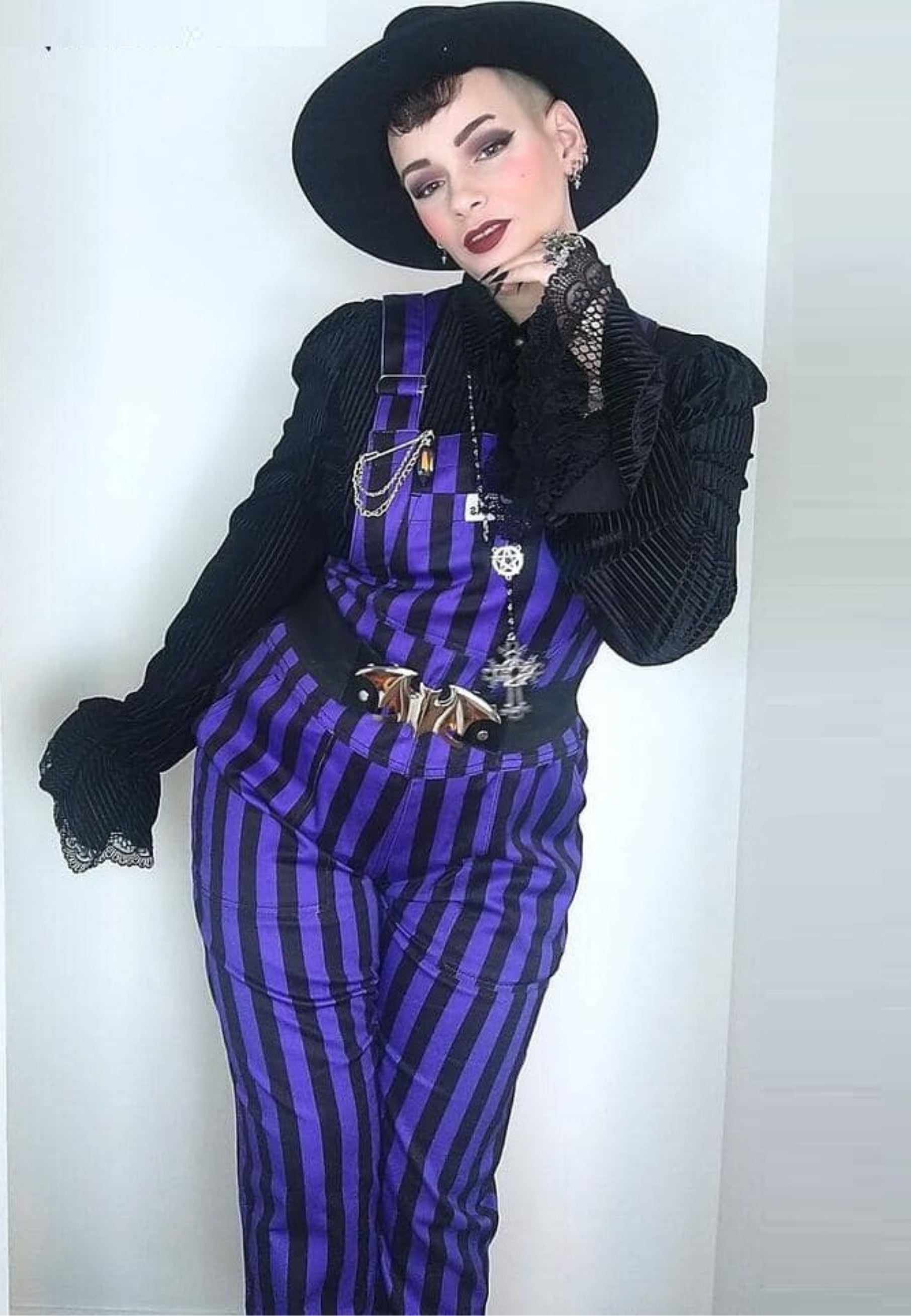 January Seconds Sale. Purple and Black Striped Dungarees.