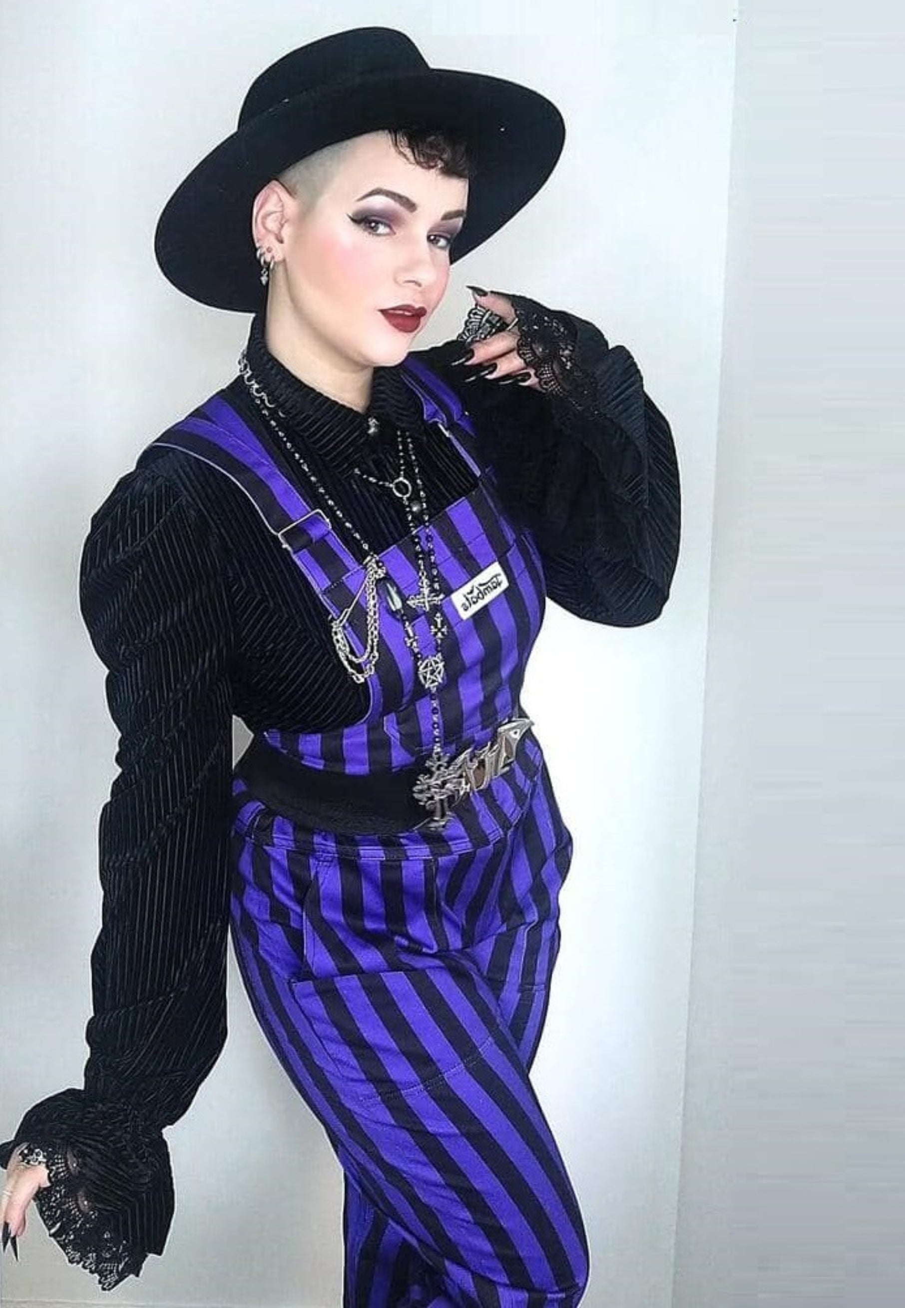 January Seconds Sale. Purple and Black Striped Dungarees.